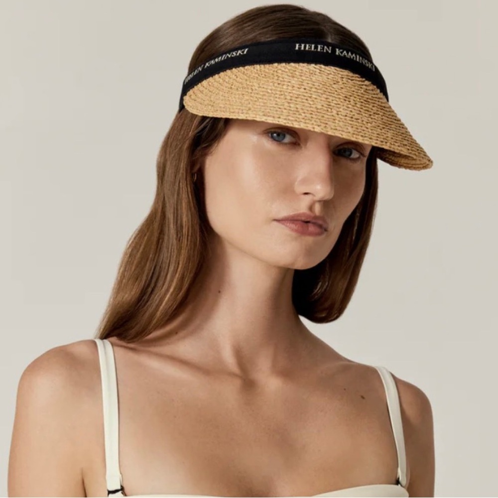 Helen Kaminski Bianca Raffia Straw Visor tan black monogram Handcrafted tennis
